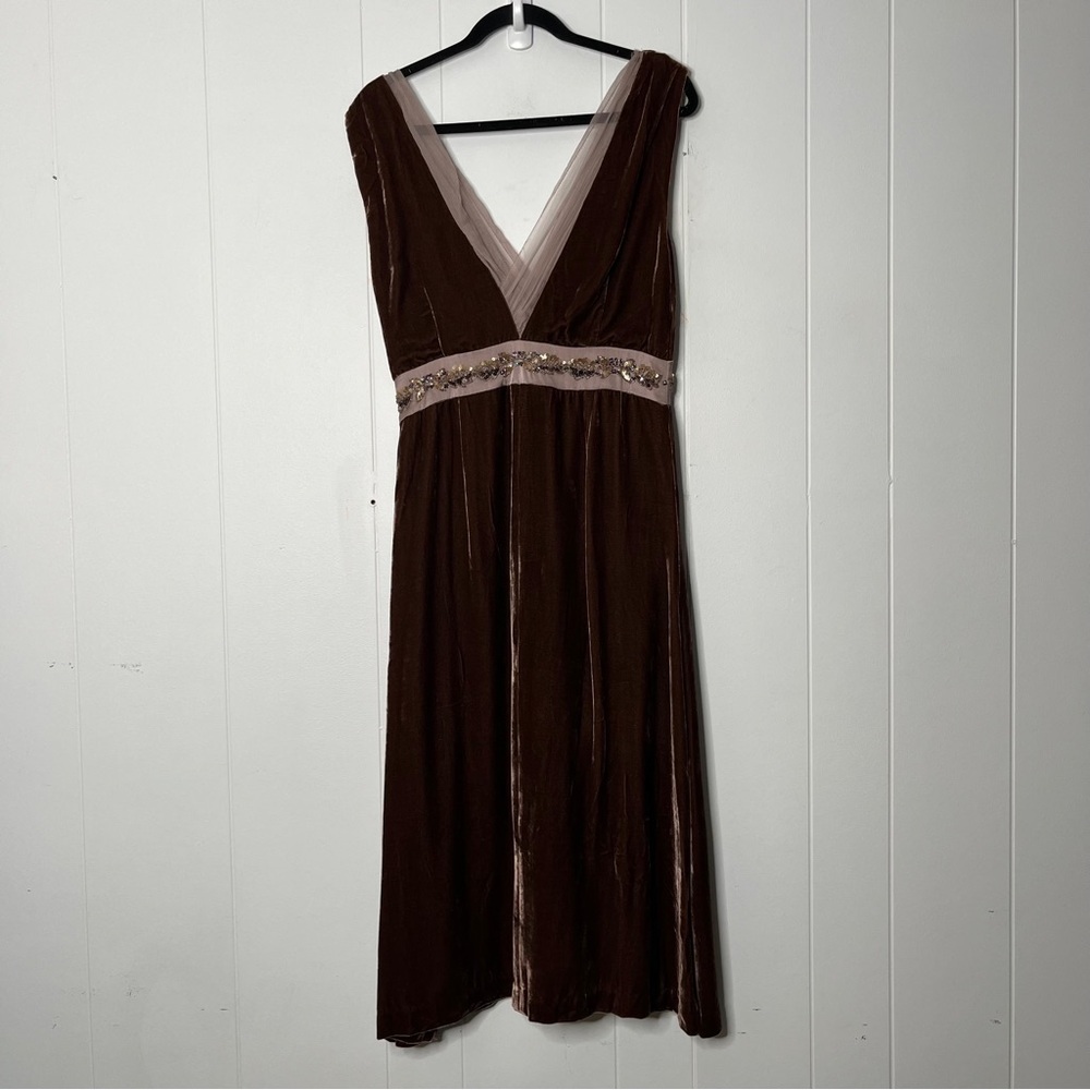 Saja Silk Velvet Midi Dress Beaded and Shear Details Brown Fairy Whims Size 6 - Picture 2 of 9